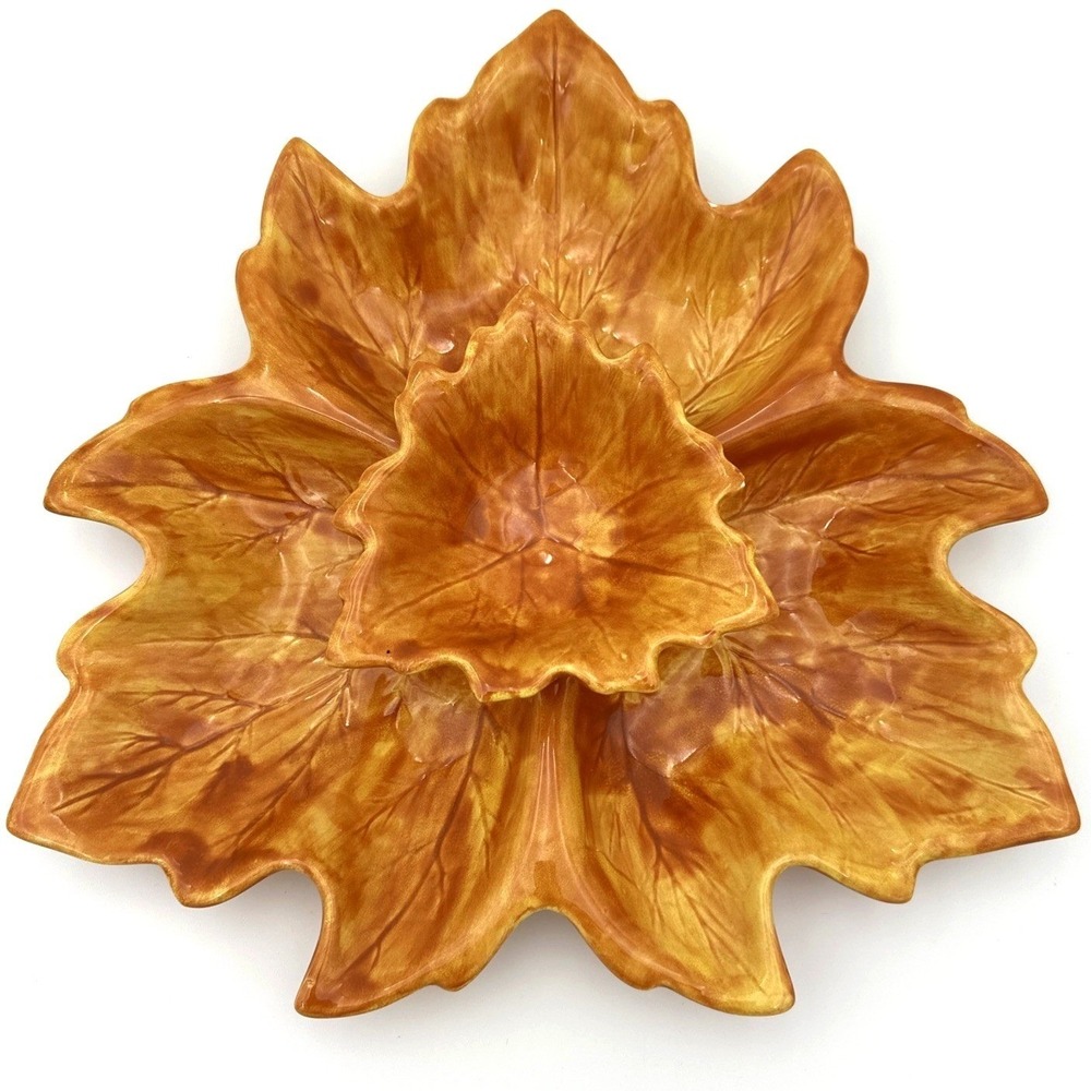 Vintage Leaf Chip & Dip Holland Mold Orange Ceramic Tray Autumn Fall Decor MCM